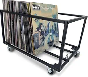 INDIDECOR 25030 Vinyl Record Storage Holder With Wheels - Holds up to 100 LP - Album Holder Display Stand - Vinyl Record LP Storage organizer - Sturdy Metal Structure - Smooth Black