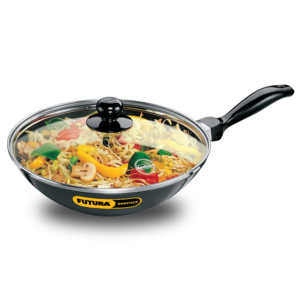 HAWKINS Futura NDL20G Non-Stick Deep-Fry Pan(Kadhai) 2.0 Litre with Glass Lid and Flat Bottom, 10.23 in, Gray