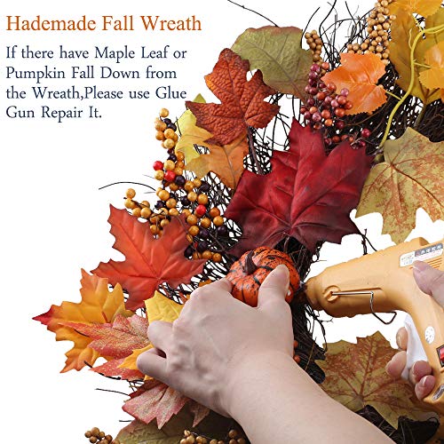 Nahuaa 20" Fall Wreath for Front Door Artificial Autumn Maple Leaf Garland with Fake Pumpkins and Pine Cone for Home Office Yard Indoor Outdoor Thanksgiving Harvest Halloween Display Decoration