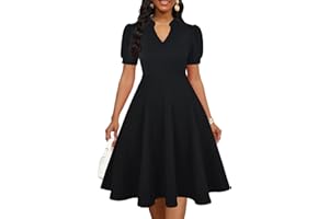 Mokayee Womens Summer Short Puff Sleeve Casual Semi-Formal Fit and Flare Church Wedding Guest Work Dresses with Pockets
