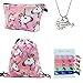 Unicorn Gifts for Girls - Unicorn Drawstring Backpack/Makeup Bag/Inspirational Necklace/Hair Ties (Pink)