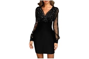 Uscharm Dresses for Women Sexy V Neck Lace Sheer Mesh Long Sleeve Sparkly Glitter Cocktail Wedding Guest Evening Party Dress
