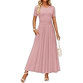 ZESICA Women's Summer Short Sleeve Maxi Dress 2026 Casual Crewneck Pleated A Line Flowy Long Dresses with Pockets