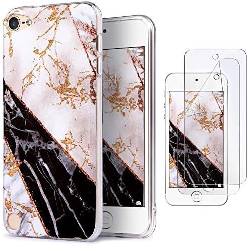 iPod Touch 7 Case with 2 Screen Protectors, IDWELL iPod 6 Marble Case, iPod 5 Case, Slim FIT Anti-Scratch Flexible Soft TPU Bumper Hybrid Shockproof Protective Cover, Geometric Black White Marble