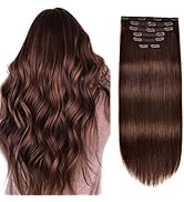 Human Hair Clip In Extensions,70g 7pcs Silky Straight Human Hair Clip In Extensions 16inch #4 Med...