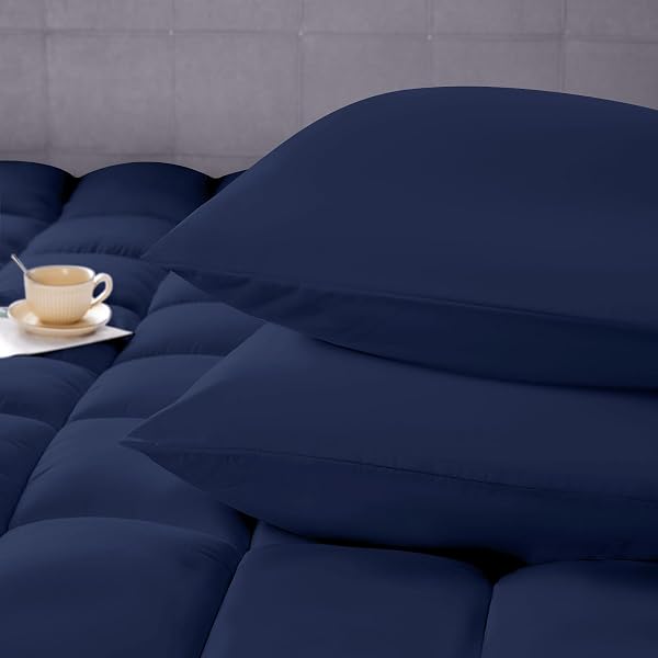 MASVIS KING SIZE MATTRESS TOPPER FOR BACK PAIN – SOFT FLAT SHEET AND PILLOWCASES – EXTRA THICK MATTRESS PAD COVER – OVERFILLED PILLOW TOP – 4 PIECE SET – NAVY BLUE