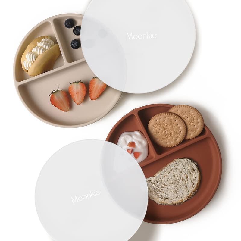 Moonkie Suction Plates for Babies & Toddlers | BPA-Free Weaning Plate with Lid | Silicone Divided Plate | Microwave and Dishwasher Safe - 2 Pack (Shifting Sand/Croissant)