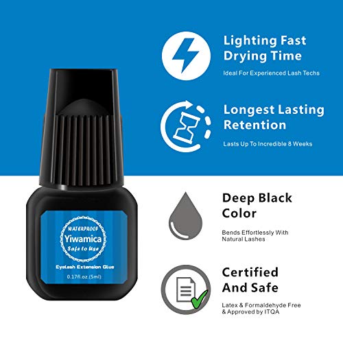 Eyelash Extension Glue 5ml |1 Sec Fast Drying | Up to 8 weeks Long Lasting | Maximum Bond Power | Semi-permanent Black Adhesive For Professional Use - Yiwamica