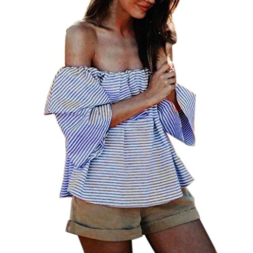 TAORE Fashion Womens Ruffled Off Shoulder Tops Casual Blouse Summer Striped T Shirt (M, Blue)