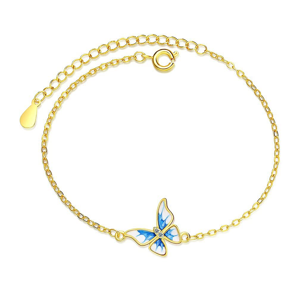 Chengxun Blue Butterfly Bracelet Simple Blue Epoxy Gold Plated Adjustable Bracelet Gift for Women Teen Girl, 16cm+5cm