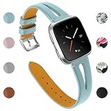 Joyozy Genuine Leather Bands Compatible with New Fitbit Versa Lite&Fitbit Versa Smartwatch Slim Wristbands Replacement Women Men Breathable Triangle Hole Design Strap(5.5