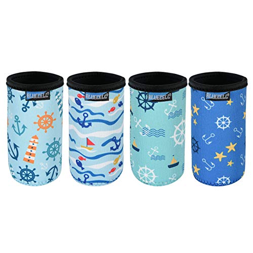 Bluecell Pack of 4 Neoprene Insulators Anchor Pattern Beer Can Coolers Sleeves for Drink Beverage Beer Cans (Anchor(4pcs), 8.4 oz)