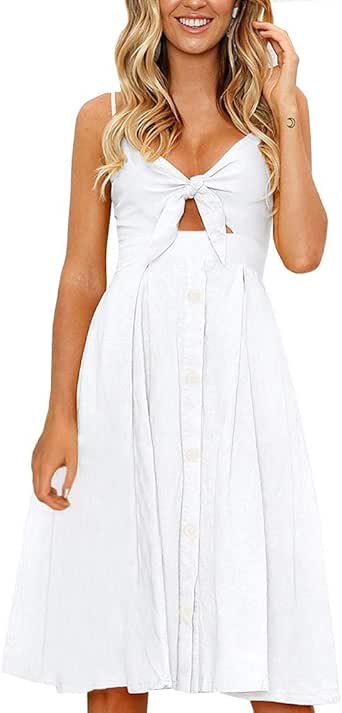FANCYINN Womens Floral Prints Tie Front Button Down Spaghetti Strap Midi Dress