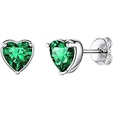 925 Sterling Silver Stud Earrings for Women, Heart/Round Birthstone Earrings Birthday Jewelry for Women Wife Daughter (with Gift Box)