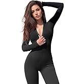 5ix7 Women's Sexy Bodycon Long Sleeve One Piece Jumpsuit V Neck Zip Up Ribbed Full Romper