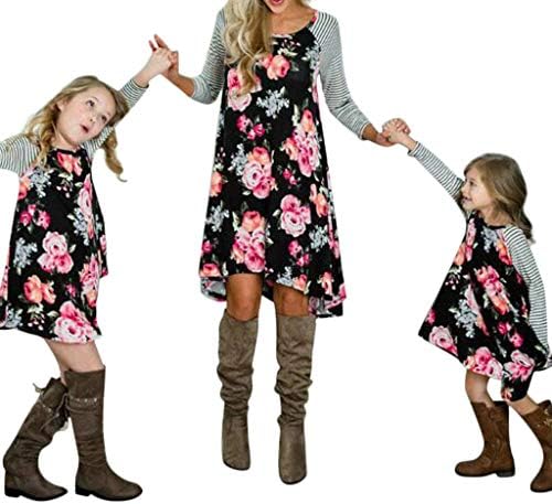 Parent-Child Wear Lady Mommy Long Sleeves Floral Print Dress Mommy ＆ Me Family Clothes