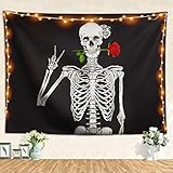 Pheolyh Rock and Roll Human Skull Posing with Rose Tapestries - Funny Skull Human Skeleton Tapestry for Room Decoration - Black and White Wall Art