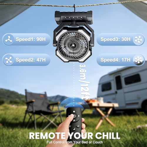 Ateroll 20000 mAh Battery Camping Fan with Mist, USB Fan Battery with Remote Control, LED, Hanging Hook, Table Fan for Tent, Outdoor, Home, Patio, Travel