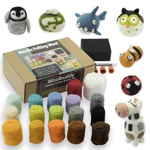 Woolbuddy Needle Felting Wool Kit – Starter Set to Make 6 Cute Animals – Includes Wool, Pad, Needles & Instructions for Beginners and Adults