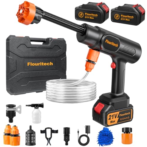 Flouritech Cordless Pressure Washer, 1200PSI Portable Power Washer with 6-in-1 Nozzle, 21V Hand Held Pressure Washer with 2 Batteries, Electric Power Cleaner for Car, Garden, Home