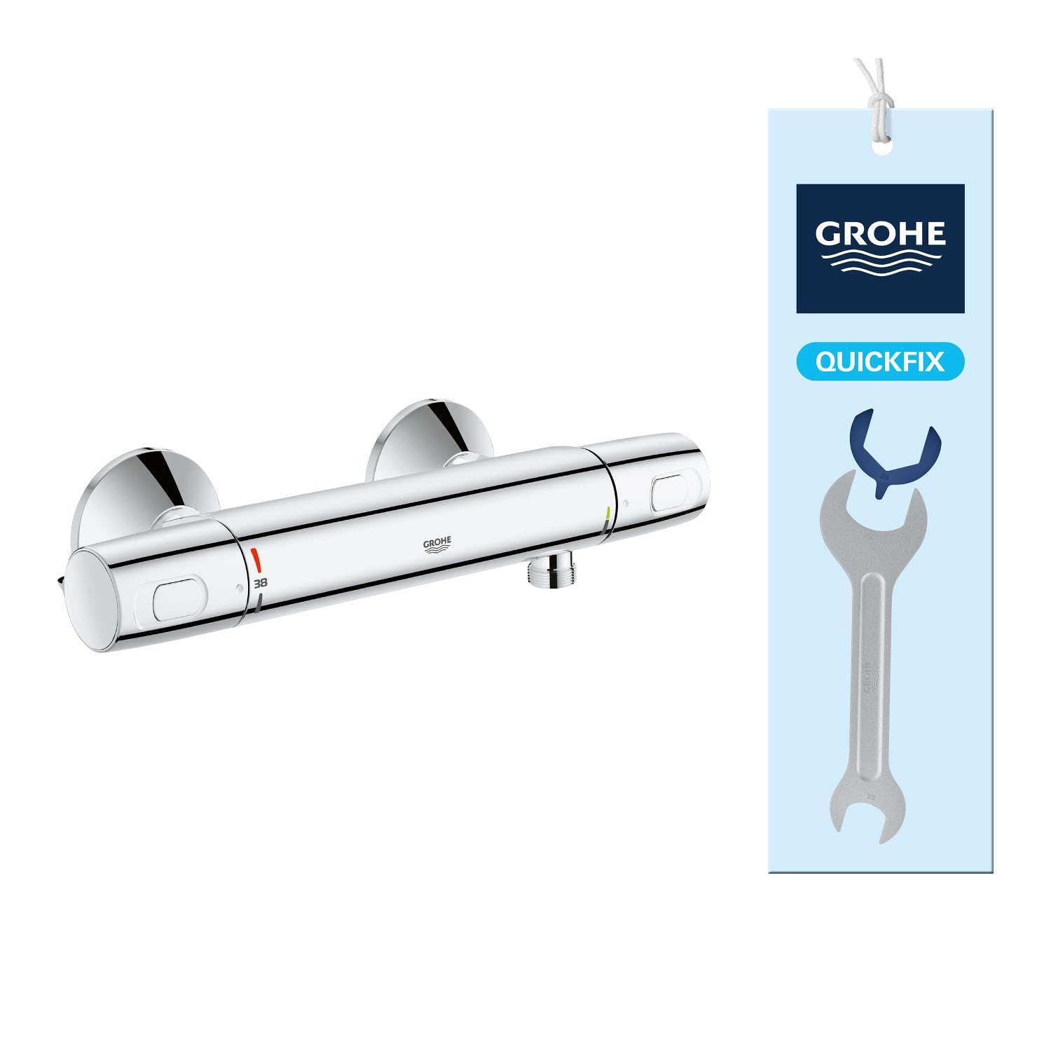 GROHE Precision Trend - Wall Mounted Exposed Cool Touch Shower Thermostat (Metal Grip, Safety Button at 38°C, Adjustable Economy Stop, QuickSpanner Included), Size 307 mm, Chrome, 34229002