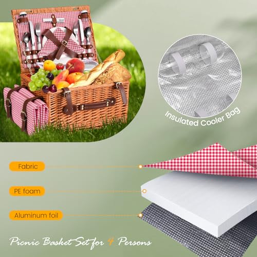 4 Person Picnic Basket, Wicker Picnic Set with Insulated Bag, Waterproof Picnic Blanket and Cutlery Set, Picnic Basket for Camping, Pink