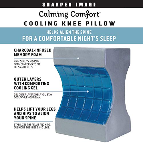 Calming Comfort Cooling Knee Pillow by Sharper Image- Charcoal Infused Memory Foam with Cooling Gel- Helps Side Sleepers Align Spine