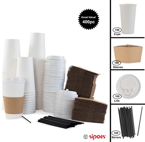 100 Paper Hot Cups With Lids, Sleeves and Stirrers - 20oz Disposable Coffee and Tea Cups for On the Go Beverages - by Sipoes