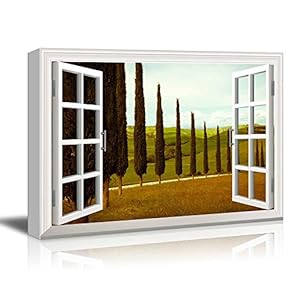 Creative Window View Canvas Prints Wall Art - Tuscan Countryside with Cypress and Meadow - 24" x 36"