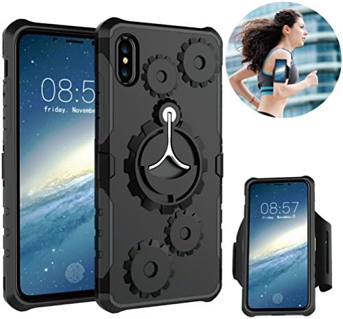 Armband for iPhone X, Phone Case Heavy Duty Built-in Kickstand Ring Holder for iPhone X Shockproof Full Protection, Open Face Touch Screen Control for Running Hiking Jogging (Black Case &amp; Armband)
