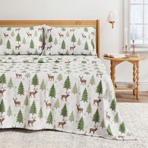 Great Bay Home Flannel Sheet Set California King Size - 100% Turkish Cotton, Double-Brushed, Winter Bed Sheets - Ultra-Soft, Cozy, 4-Piece Rustic Bedding Set (Deer, Trees, & Snow)