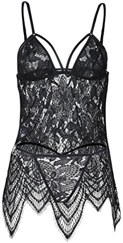 Niveltm Sexy Lace Lingerie Babydoll for Women Sleepwear Dress Chemises Set (XL, Black)