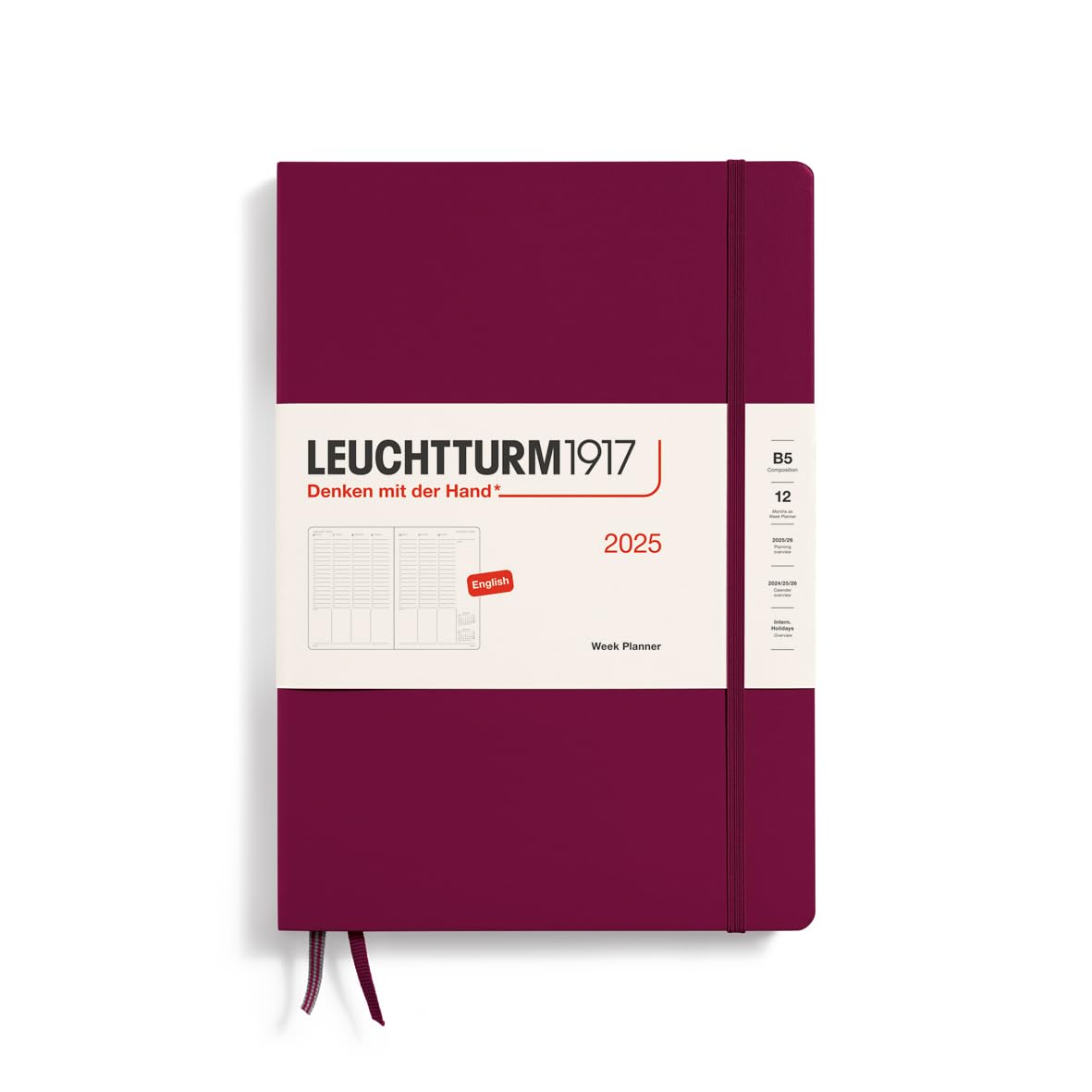 LEUCHTTURM1917 370690 Weekly Planner 2025, Composition B5 Hardcover - 12-Month Calendar, Lined - Port Red, English
