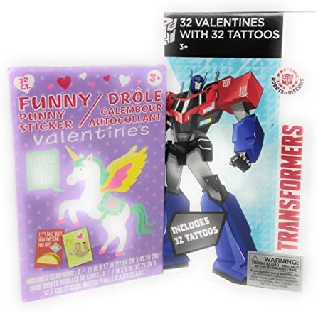 Happy Valentine's Day 32 Funny Unicorn Cards Stickers with Transformers Tattoos Bundle