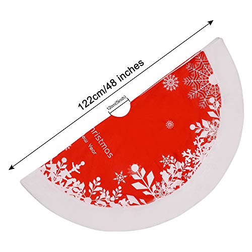sanipoe Christmas Tree Skirts, 48 inches Tree Skirt Decorations Faux Fur Skirt with Snowflakes, New Year Party Rustic Xmas Tree Holiday Ornaments, Red & White