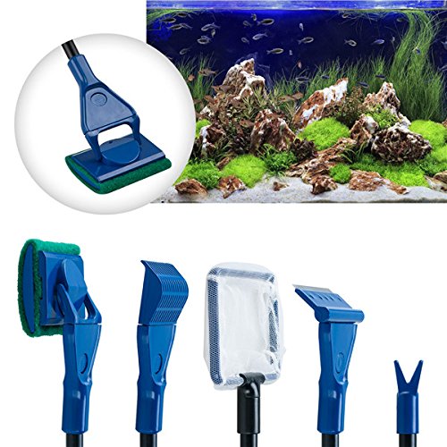Lycheer 5 in 1 Professional Aquarium Fish Tank Cleaning Kit Fish Net + Rake + Scraper + Fork + Sponge Brush Glass Aquarium Cleaner Tool Set Wonderful Christmas Xmas Gift