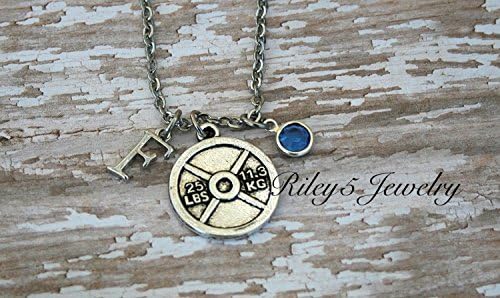 Personalized Workout Necklace with initial and birthstone Jewelry Personal Trainer, Exercised, Weightlifting, 25 lbs Weightplate Charm, wight plate charm