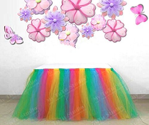 Handmade Tutu Tulle Table Skirt, 39.37 Inch x 31.5 Inch, Birthday Wedding Party Table Decoration (Green and Blue and Red and Organge and Yellow)