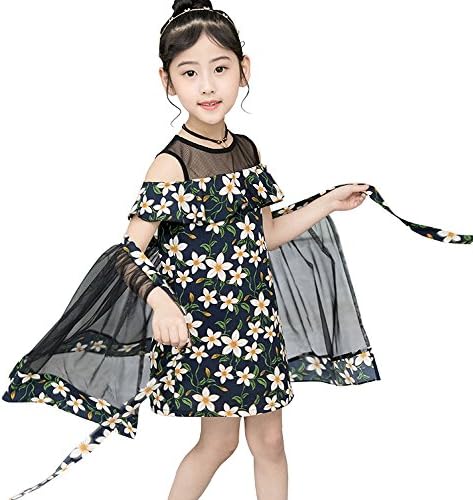 Tearmer Summer Big Girl Cotton Boat Neckline Floral Dress + Mesh Gauze Apron Skirt for 4-13 Years Old