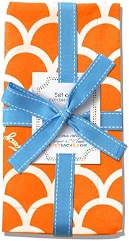 Tracy Sachs Orange Wave Napkins โ Set of 4 Premium Table Cotton Linens for The Dining Room or Outside Party โ Reusable Washable Fabric โ Orange, White. Fun Summer Pattern.