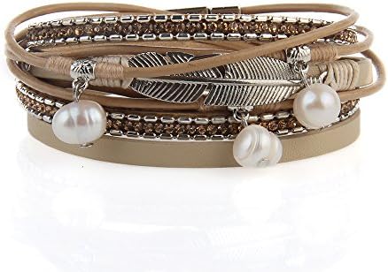 LIANCHICasual Women Leather Bracelet Feather Wrap Cuff Bangle with Pearl Magnetic Clasp