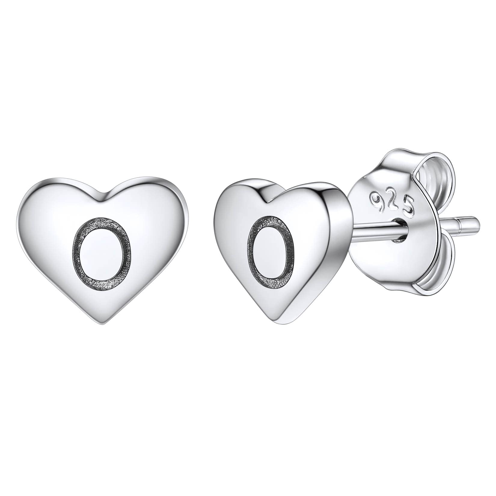 Studs Earrings for Women, S925 Sterling Silver Heart Initial Letter O Small Tiny Earrings for Girls Ladies Mum Daughter Sisters Friends Lover Hypoallergenic Silver Jewellery with Gift Box