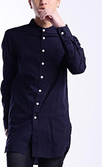 Amazon ネイビー L バンドカラー シャツ メンズシャツ メンズ ロング丈 長袖 Yシャツ ワイシャツ 無地 スリム きれいめ 長そで おしゃれ ビッグシルエット 白 春 夏 Bkb180 シャツ 通販