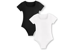 EXARUS Girls 2 Pack Bodysuit Leotards Casual Short Sleeve Scoop Neck Tee T Shirt Kids Solid Tops 8-14Y