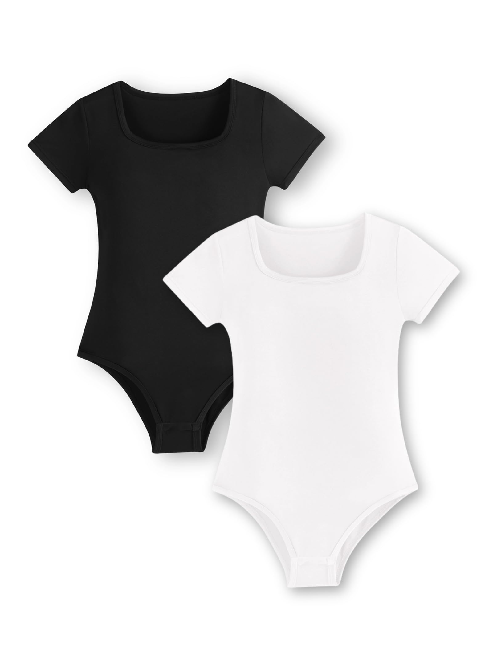 Photo 1 of EXARUS Girls Bodysuit Casual Short Sleeve Scoop Neck Tee T Shirt Kids Solid Tops Leotards 2 Pack Black White 8Y