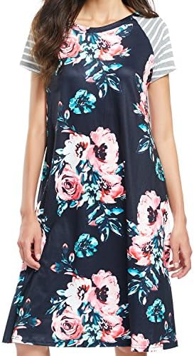 Ning store Women's Summer Casual Crewneck Short Sleeve Boho Floral Print A-Line Loose T Shirt Dresses Tunic Midi Dress (S, Black)