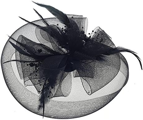 Navifoce Women's Large Mesh Net Bowknot Beaded Feather and Veil Fascinators Headwear with Hair Clip Hat and Brooch (Black)