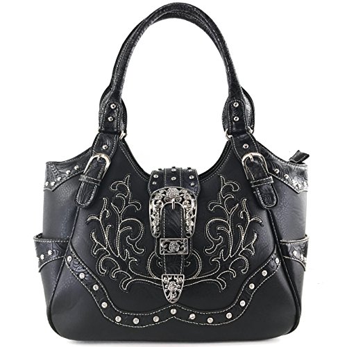 Justin West Tooled Laser Cut Leather Floral Embroidery Rhinestone Buckle Studded Shoulder Concealed Carry Tote Style Handbag Purse (Black Brown Purse)