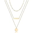 Turandoss Dainty Layered Choker Necklace, Handmade 14K Gold Plated Y Pendant Necklace Multilayer Bar Disc Necklace Adjustable Layering Choker Necklaces for Women