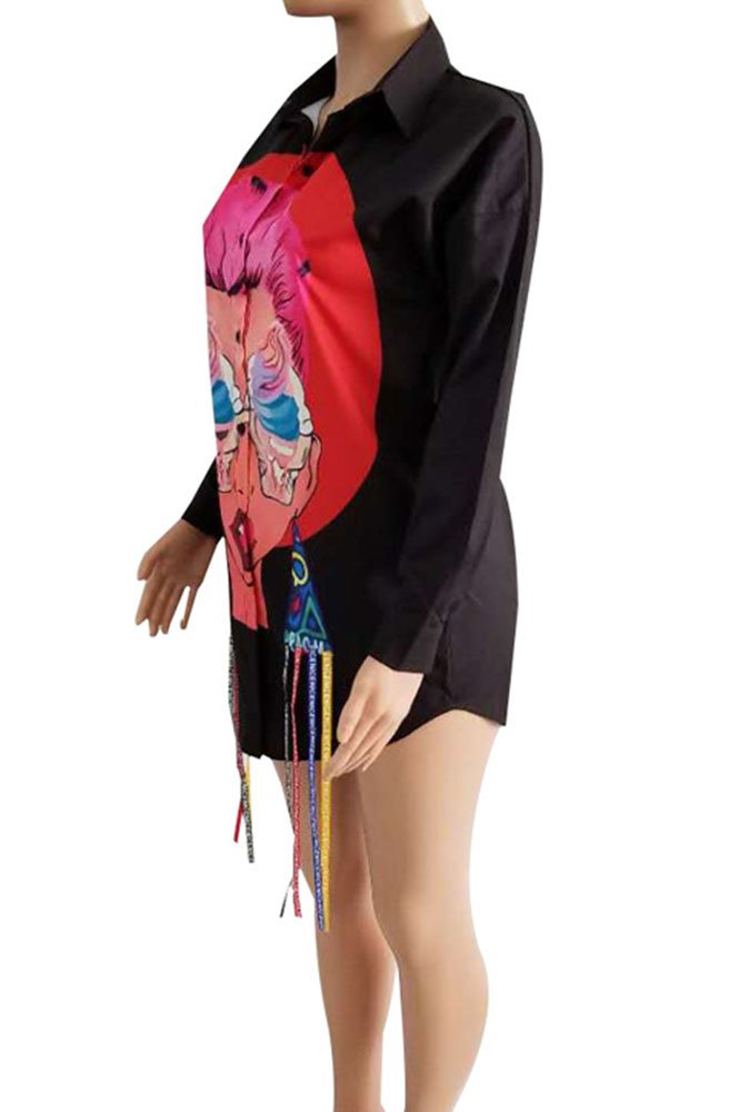 Dreamparis Womens Sexy Button Down Blouse Long Sleeve Print Tassel Shirt Dress Tunic Tops Black M